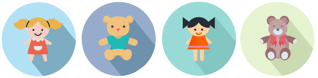 Two dolls and two teddy bears each on a coloured circle background