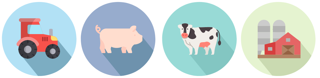 A tractor, pig, cow and farm building each on a coloured circle background