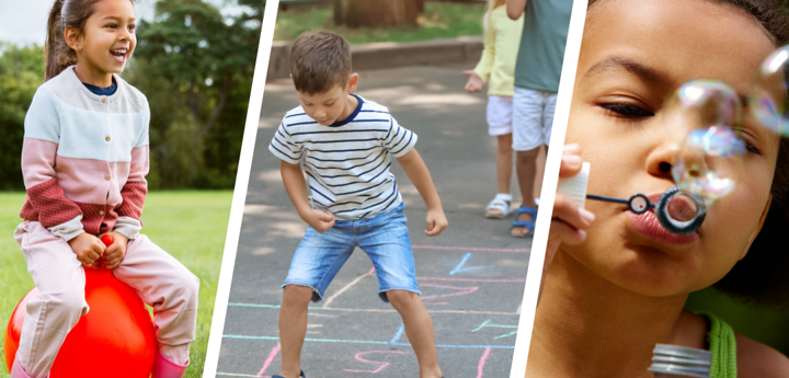 3 photo split child bouncing on space-hopper child playing hopscotch and child blowing bubbles.