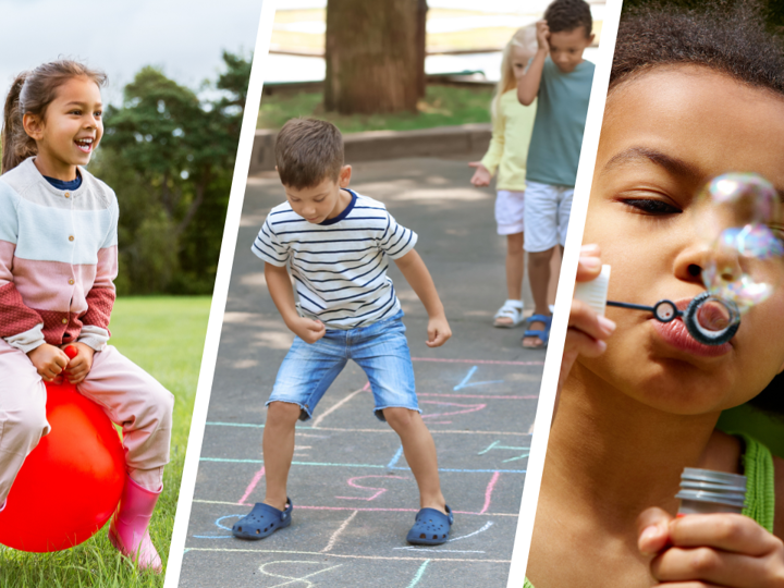 3 photo split child bouncing on space-hopper child playing hopscotch and child blowing bubbles.