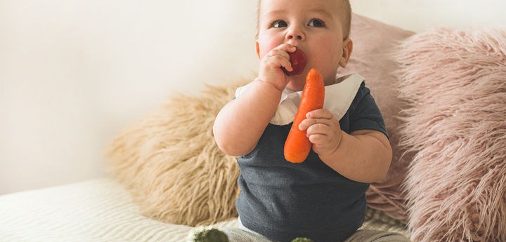 Baby sitting upright with a bib round their neck and holding a carrot in one hand whilst the other hand is holding another piece of food in their mouth.