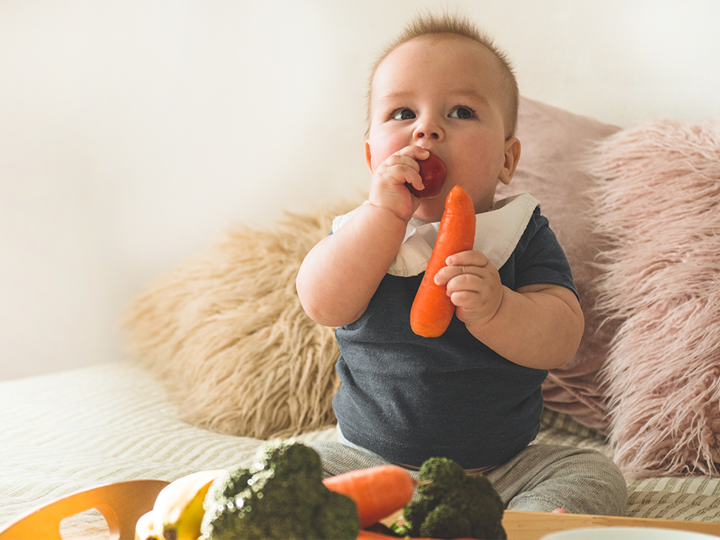 Baby sitting upright with a bib round their neck and holding a carrot in one hand whilst the other hand is holding another piece of food in their mouth.