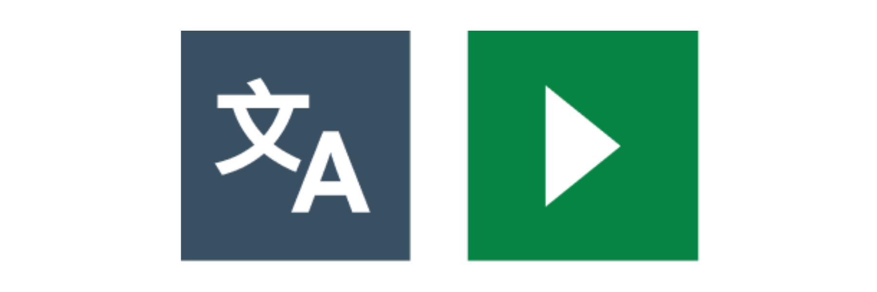 2 ReciteMe Translation tool icons. First icon, a grey square with a white chinese symbol and capital letter 'A'. Second icon, green square with a white play symbol.