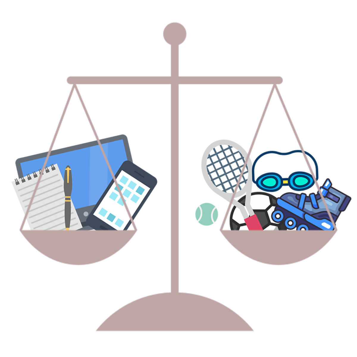 Weighing scales with one side filled with a computer screen, mobile phone and a notepad and pen. The other side of the scale is filled with goggles, roller skates, tennis racket and a football