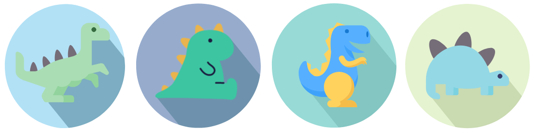 4 dinosaur illustrations each on a different coloured circle background