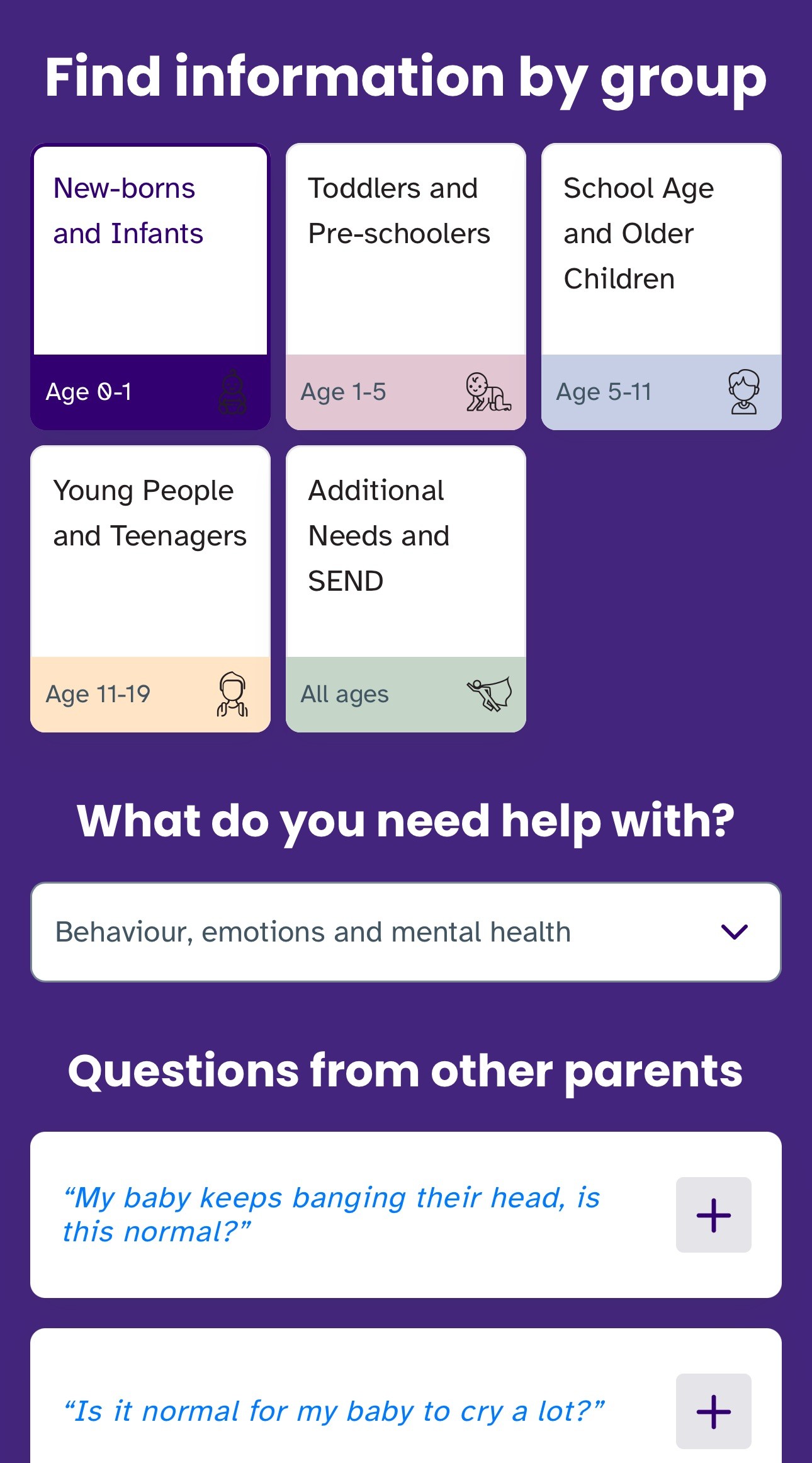 Screenshot of content picker tool with drop down options and questions from parents