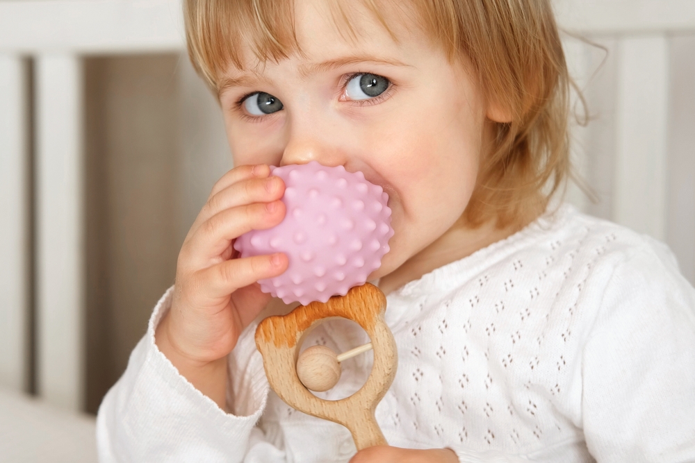 Young girl holding a wooden rattle while chewing on a plastic ball.