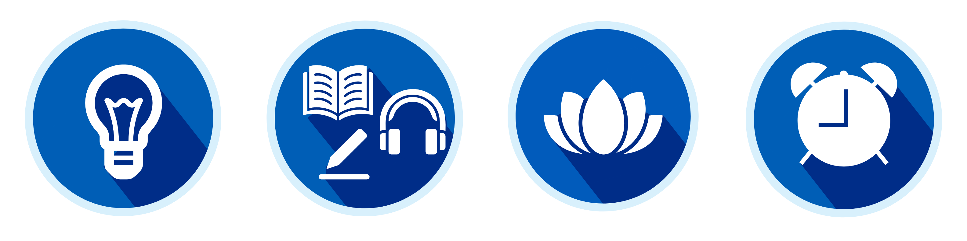 establishing sleep graphic. First images of lightbulb to show turning off lights and devices. Second image of a book, headphones and a pen to show quiet offline activities. Third image a lotus flower to show making their room a peaceful place to sleep. Final image an alarm clock to show setting and maintaining sleep and wake times