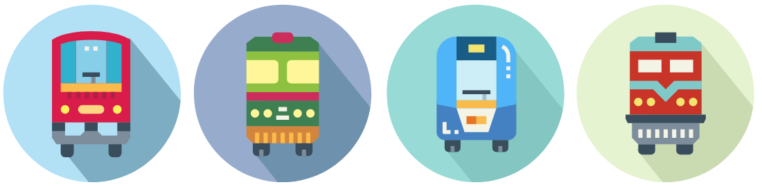 Four illustrations of trains, each on a background coloured circle